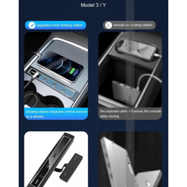 Tesla Model Y/3 Compatible 4-in-1 USB LED Charging Base, Multiport CPU Distributed Adapter Cable Extension Accessories