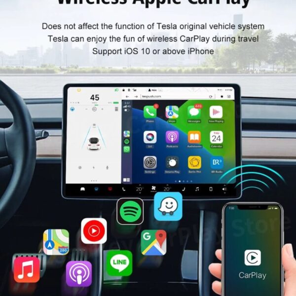 Tesla CarPlay Android Car Adapter, the latest Carline Net T2C only for model 3/Y, supports Google Wiz map, plug and play and easy-to-install OTA upgrade via car USB port