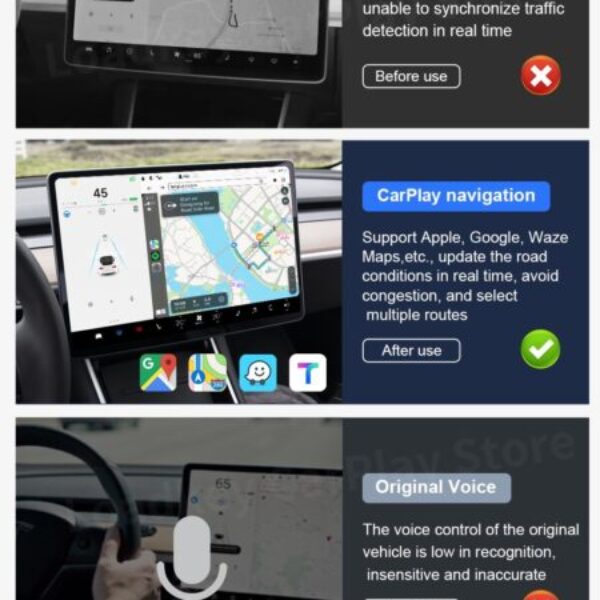 Tesla CarPlay Android Car Adapter, the latest Carline Net T2C only for model 3/Y, supports Google Wiz map, plug and play and easy-to-install OTA upgrade via car USB port